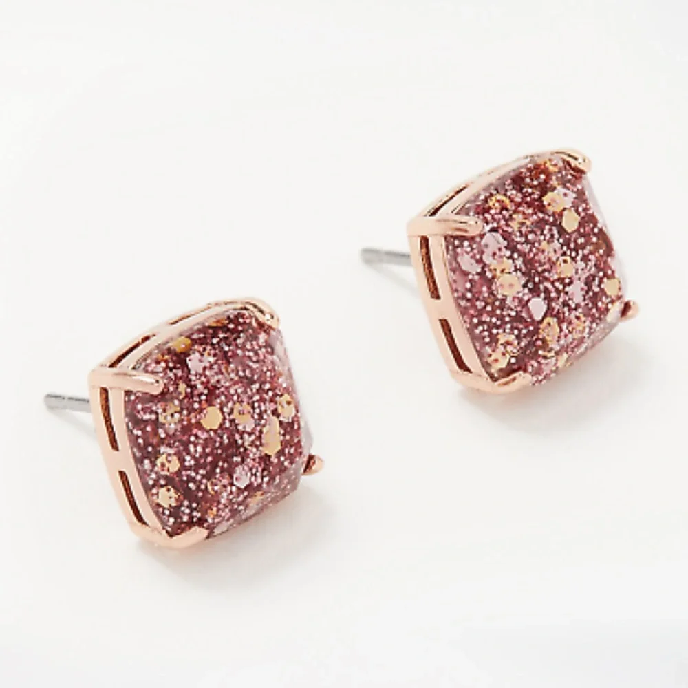 💥 RESERVED 💥 Kate Spade Rose Gold Glitter Mini Small Square Holiday Earrings - Picture 1 of 4
